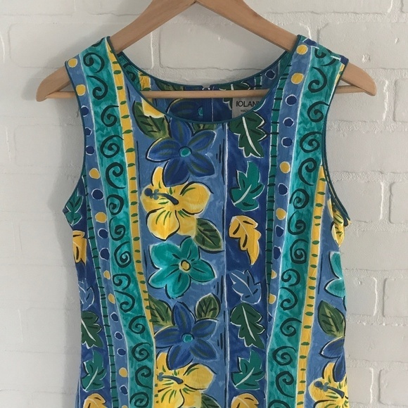 Vintage 80s Mini dress Beachy Tropical Paisley Floral Aloha Print Blue/Yellow S - Picture 4 of 7